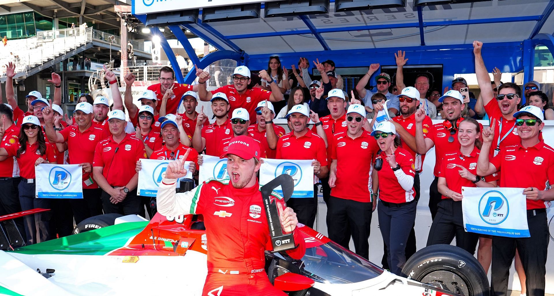 Robert Shwartzman with the Prema team after claiming pole position for the 2025 Indy 500 - Source: Getty
